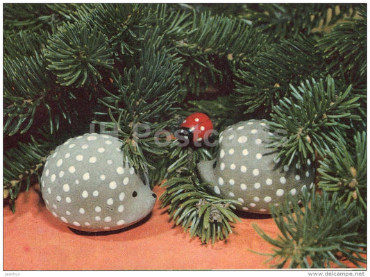 New Year Greeting Card - 1 - hedgehog - ladybug - 1971 - Estonia USSR - unused - JH Postcards