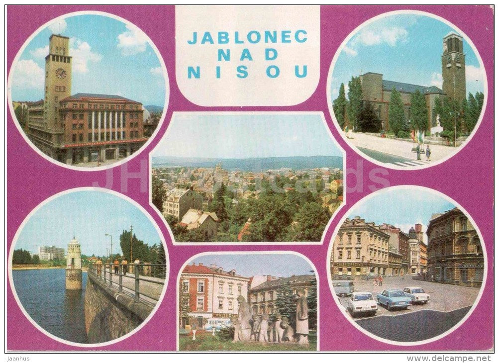 Jablonec nad Nisou - Town Hall - Red Army Square - park - Comenius Square - Czechoslovakia - Czech - used 1977 - JH Postcards