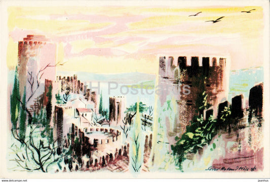 Istanbul - Rumeli Hisari Castle - illustration - old postcard - Turkey - unused - JH Postcards