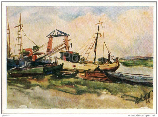 painting by N. Kornienko - At the pier , 1966 - boat - russian art - unused - JH Postcards