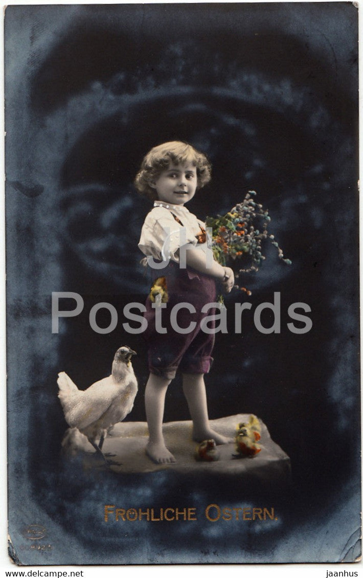 Easter Greeting Card - Frohliche Ostern - boy - chicken - old postcard - 1917 - Germany - used - JH Postcards