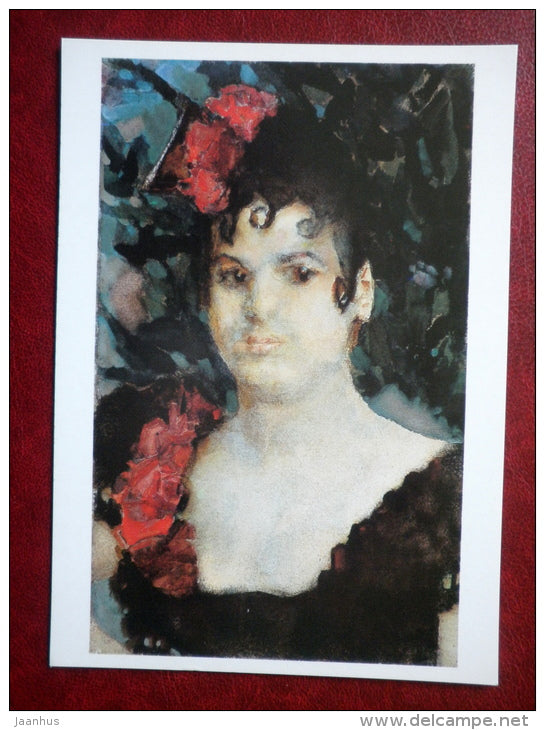 painting by Mikhail Vrubel , Portret of an artist Sofiya Lyubatovich , 1890s - russian art - unused - JH Postcards