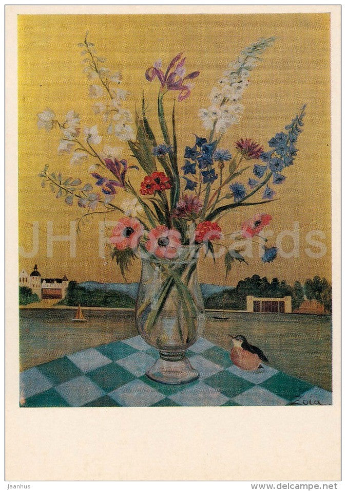 painting by Z. Lagerkrantz - Summer Bouquet , 1980 - flowers - bird - Russian art - 1984 - Russia USSR - unused - JH Postcards