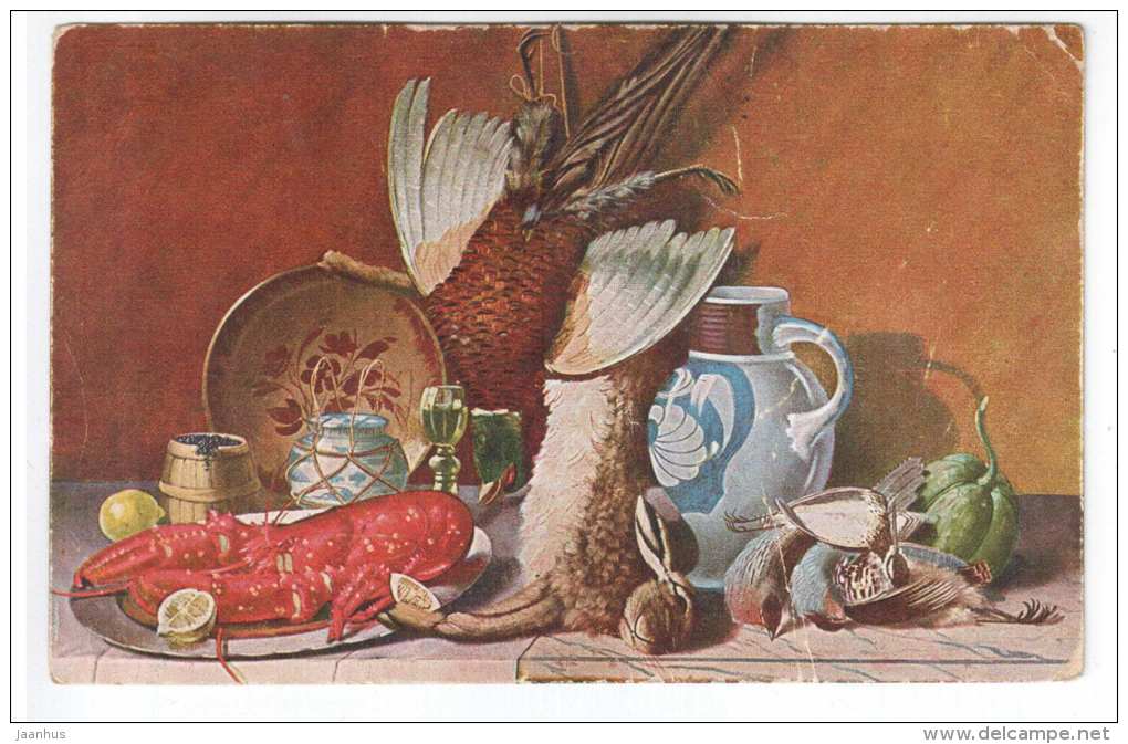 illustration - Still Life - Peluba 201 - lobster - hare - Capercaillie - old postcard - circulated in Estonia - used - JH Postcards