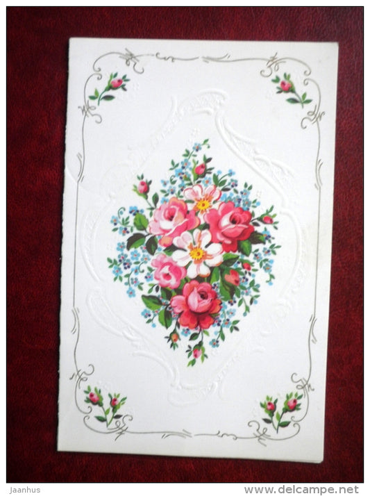 Greeting Card - by O. Kanisheva - roses - embossed - flowers - 1987 - Russia USSR - used - JH Postcards