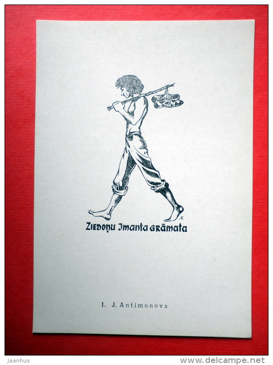 Ex Libris - I. Ziedonis - illustration by J. Antimonova - barefooted man - 1977 - Latvia USSR - unused - JH Postcards