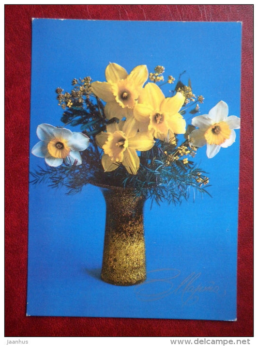 Greeting Card - narcissus - flowers - 1982 - Russia USSR - used - JH Postcards