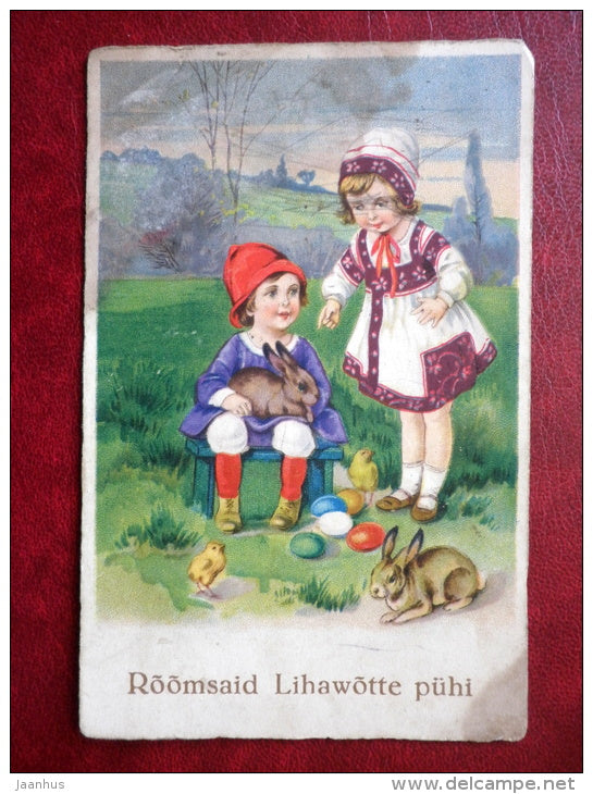 Easter Greeting Card - boy and girl - hare - chicken - EAS 1164 - circulated in 1929 - Estonia - used - JH Postcards