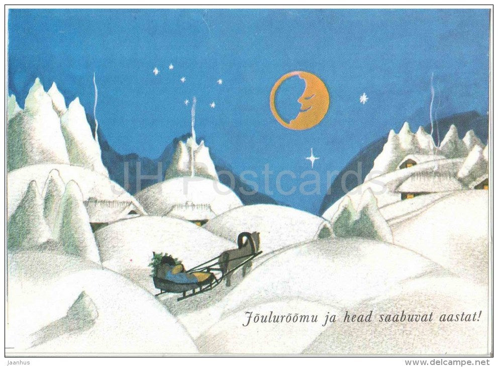 New Year Greeting by M. Järv - moon - sledge - horse - 1990 - Estonia USSR - used - JH Postcards