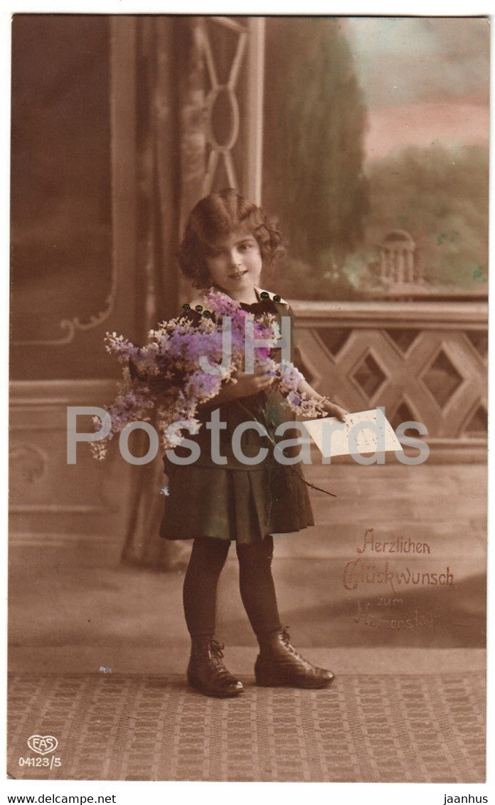 Herzlichen Gluckwunsch zum Namenstag - children - girl - flowers - EAS 04123/5 - old postcard - 1916 - Germany - used - JH Postcards