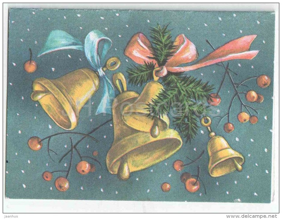 New Year Mini Greeting card by V. Stanishevskaja - bells - - berries - 1990 - Estonia USSR - used - JH Postcards