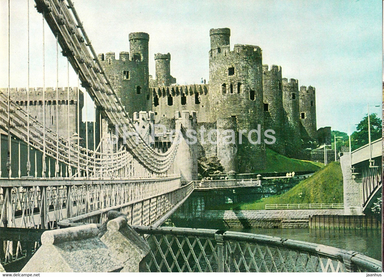 Conwy Castle - Gwynedd - View from North East showing Telford's Suspension Bridge - Wales - United Kingdom - unused - JH Postcards