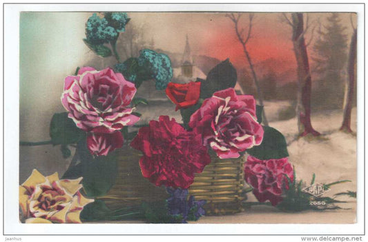 Greeting Card - flowers - roses in a basket - SAPI 2656 - old postcard - circulated in Estonia - used - JH Postcards