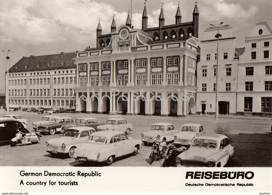 Rostock - Town Hall - old cars Wartburg Trabant - REISEBÜRO - 1964 - DDR - Germany - unused - JH Postcards