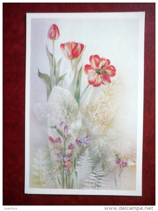 Greeting Card - by G. Mun - tulips - flowers - 1986 - Russia USSR - used - JH Postcards