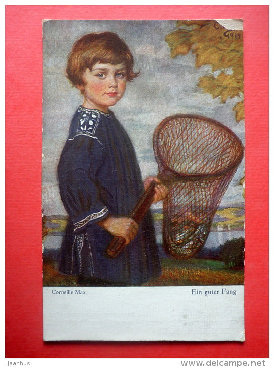 illustration by Corneille Max . Ein Guter Fang - boy - fish - circualted in Estonia Tartu 1929 - JH Postcards