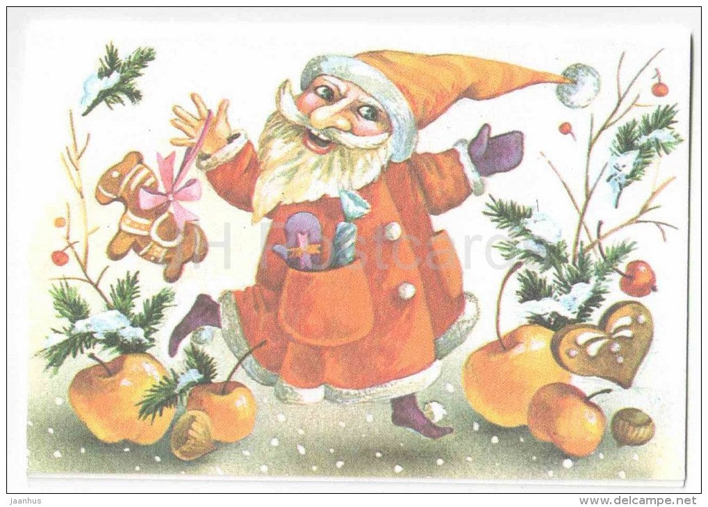 New Year mini Greeting card by V. Stanishevskaya - Santa Claus - apples - 1990 - Estonia USSR - used - JH Postcards