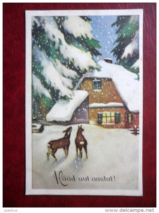 New Year Greeting Card - deer - house - HM - circulated in 1938 , Viljandi - Estonia - used - JH Postcards