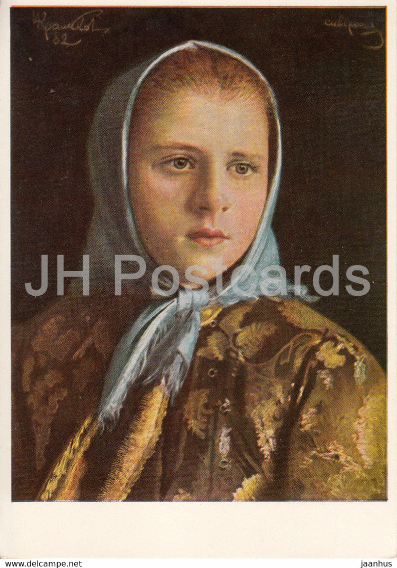 painting by I Kramskoi - Madchen mit blauem Kopftuch - Russian art - Germany - unused - JH Postcards