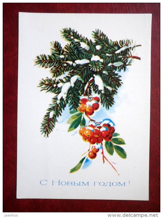 New Year greeting card - illustration by G. Kurtenko - rowan berries - 1981 - Russia USSR - used - JH Postcards