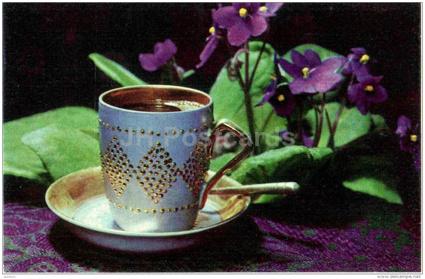 New Year Greeting Card - coffee cup - flowers - 1972 - Estonia USSR - unused - JH Postcards