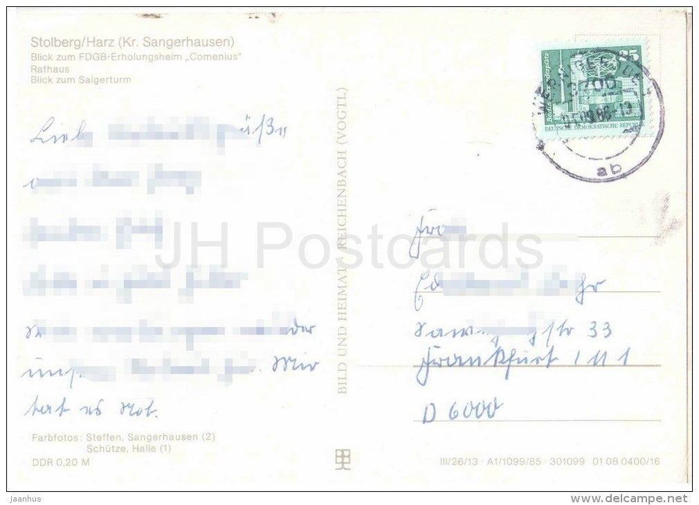 Luftkurort Stolberg , Harz - Erholungsheim Cornelius - Rathaus - Saigerturm - Germany - 1986 gelaufen - JH Postcards