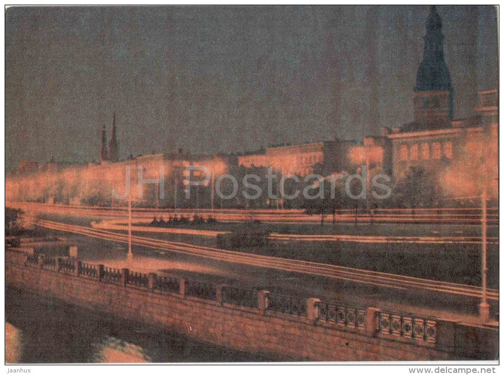 Komsomol Embankment - 2 - Riga by Night - old postcard - Latvia USSR - unused - JH Postcards