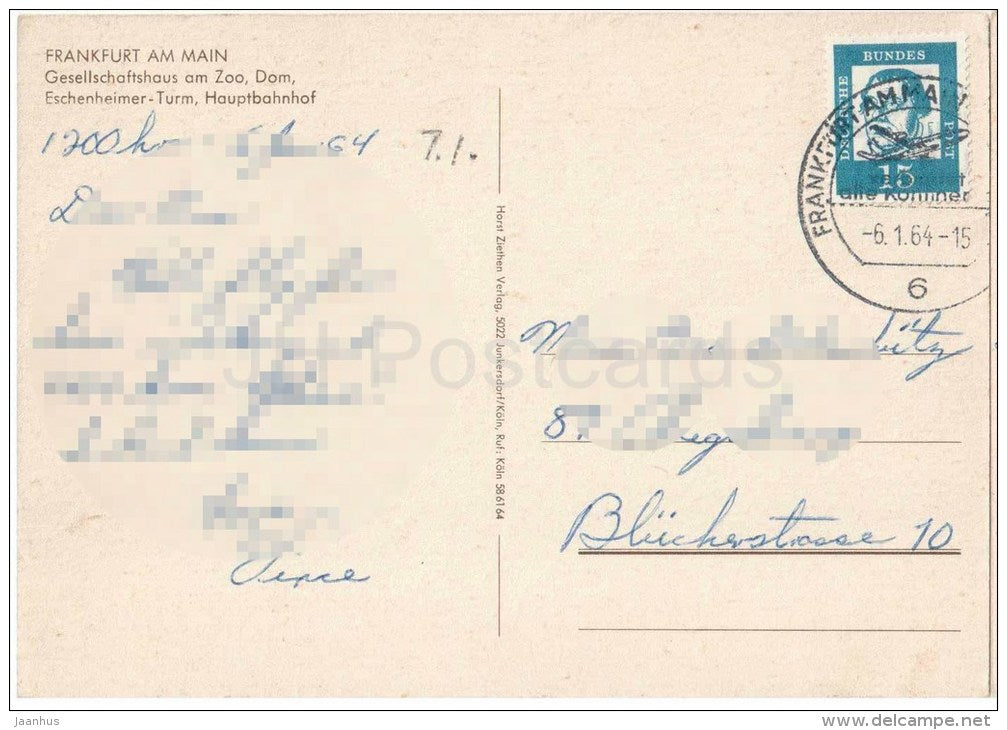 Grüsse aus Frankfurt am Main - Gesellschaftshaus am Zoo , Eschenheimer - Turm Hauptbahnhof - Germany - 1964 gelaufen - JH Postcards