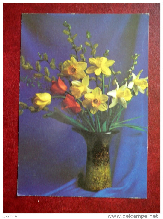 Greeting Card - narcissus - tulips - flowers - 1986 - Russia USSR - unused - JH Postcards