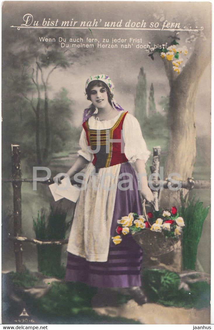 Du bist mir nah und doch so fern - woman - folk costumes - 4490-6 - old postcard - 1919 - used - JH Postcards