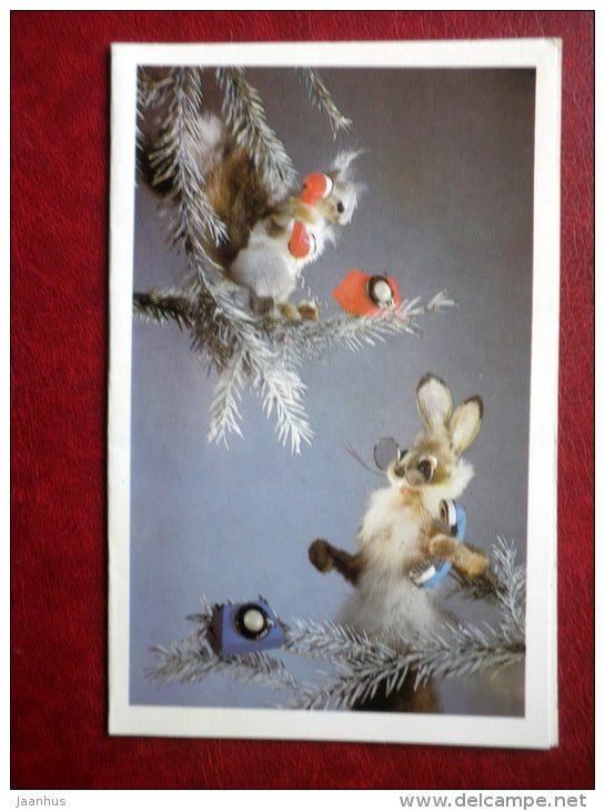 New Year greeting card - hare - squirrel - telephone - 1987 - Russia USSR - used - JH Postcards