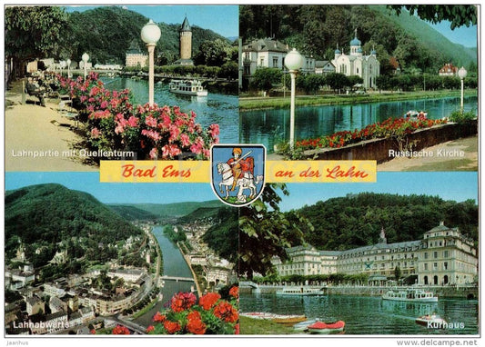 Bad Ems an der Lahn - Lahnpartie mit Quellenturm - Russische Kirche - Lahnabwarts - Kurhaus - Germany - 1971 gelaufen - JH Postcards