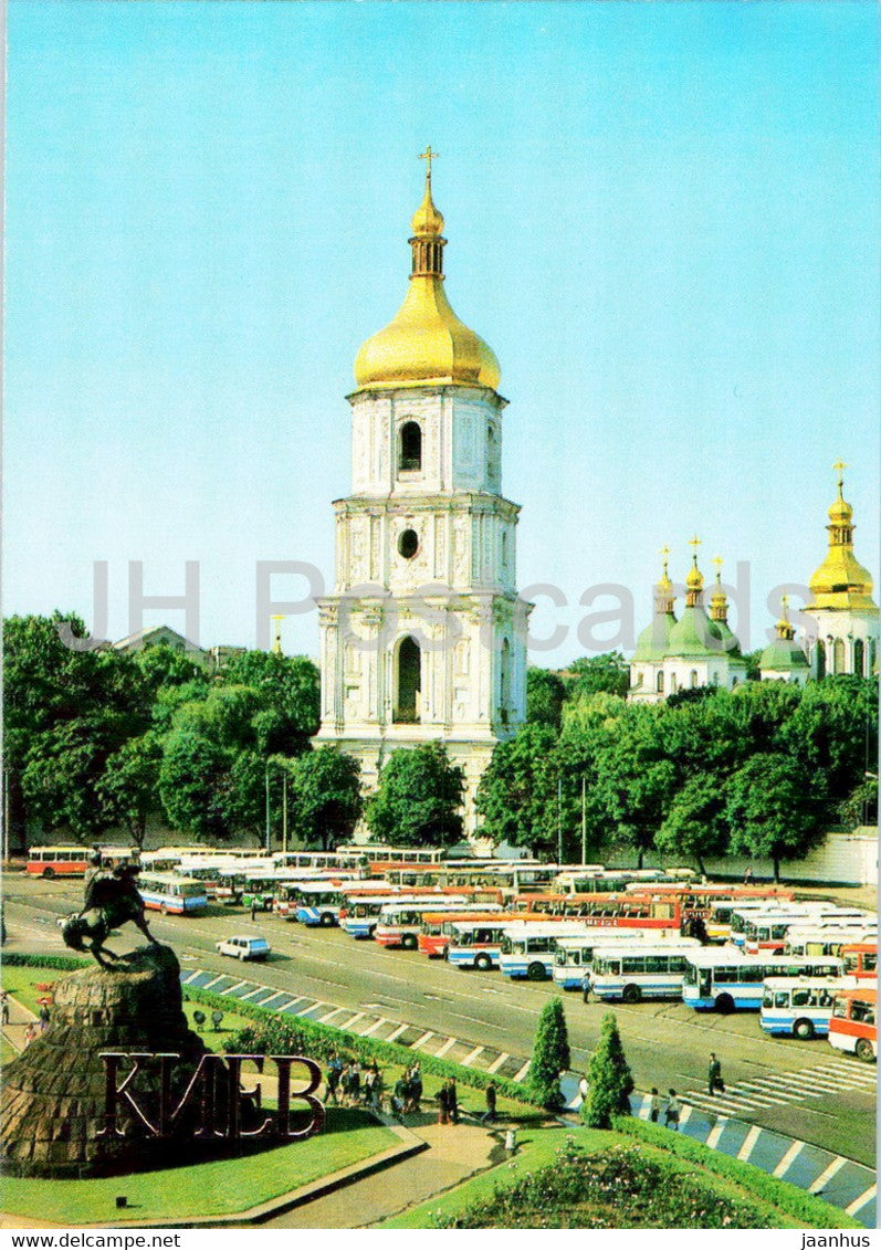 Kyiv - Kiev - monument to Khmelnitsky and Sophia Museum - bus Ikarus - 1984 - Ukraine USSR - unused - JH Postcards