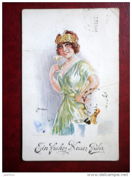 New Year Greeting Card - champagne - WSSB - nice stamp - circulated in 1921 in Estonia - Germany - used - JH Postcards