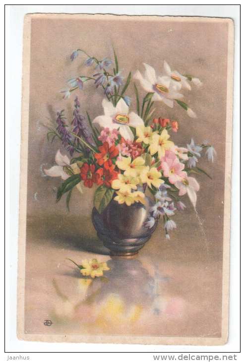 Greeting Card - flowers - narcissus - HACO ELITE 7280 - old postcard - circulated in Estonia - used - JH Postcards