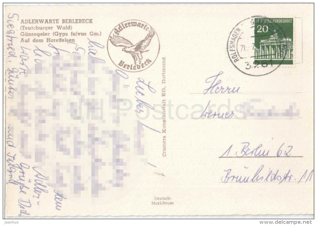 Adlerwarte Berlebeck , Teutoburger Wald - Gänsegeier , Gyps fulvus - Griffon vulture - birds - Germany - 1970 gelaufen - JH Postcards