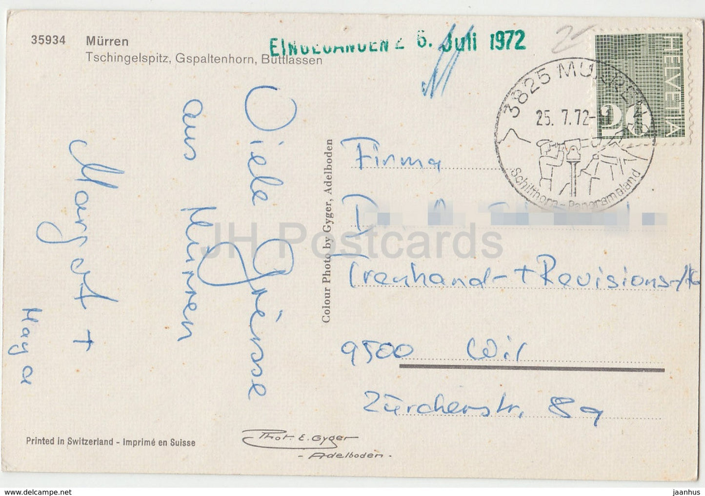 Murren - Tschingelspitz - Gspaltenhorn - Buttlassen - 35934 - Switzerland - 1972 - used