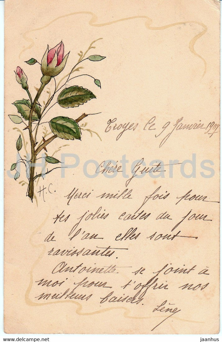 red rose - flowers - illustration - old postcard - 1907 - France - used - JH Postcards