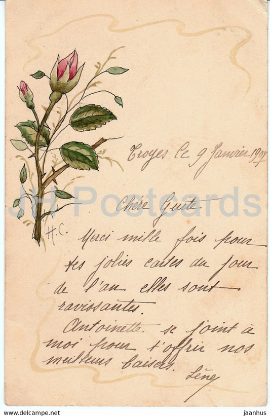 red rose - flowers - illustration - old postcard - 1907 - France - used - JH Postcards