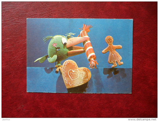 New Year mini Greeting card - Gingerbread - candy - crow - 1980 - Estonia USSR - unused - JH Postcards