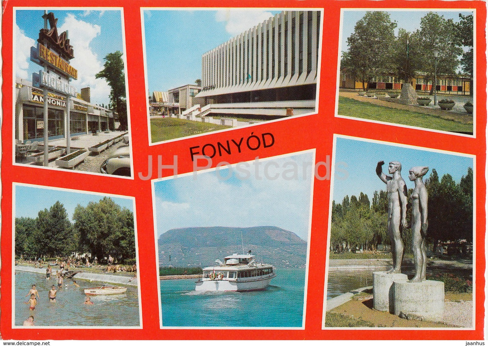 Fonyod - boat - sculpture - restaurant - multiview - 1982 - Hungary - used - JH Postcards