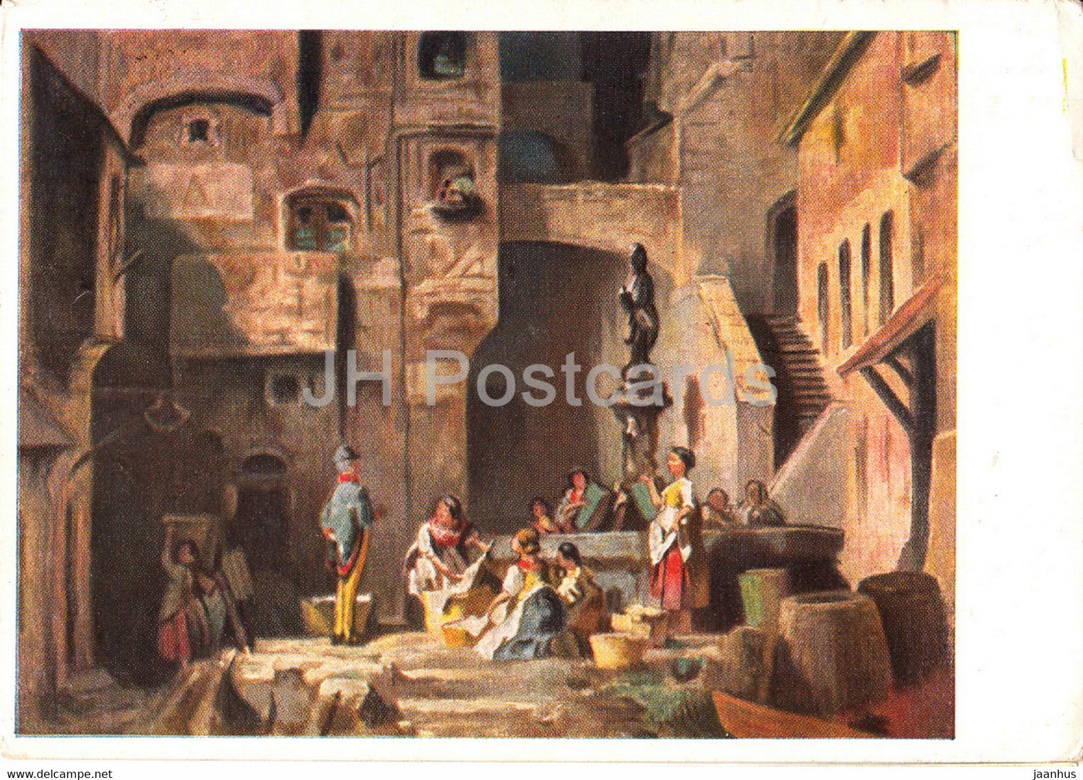 painting by Carl Spitzweg - Die Wascherinnen am Brunnen - 1951 - German art - Germany DDR - used - JH Postcards