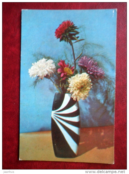 Greeting Card - aster - vase - flowers - 1973 - Russia USSR - used - JH Postcards