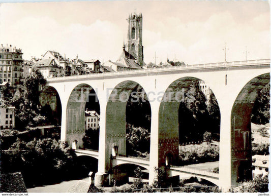 Fribourg - Pont de Zaehringen et Tour St Nicolas - bridge - 1202 - old postcard - Switzerland - used - JH Postcards