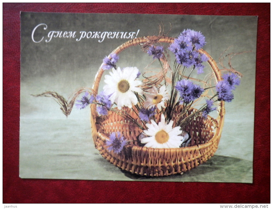 Birthday Greeting Card - cornflower - daisies - flowers - 1986 - Russia USSR - used - JH Postcards