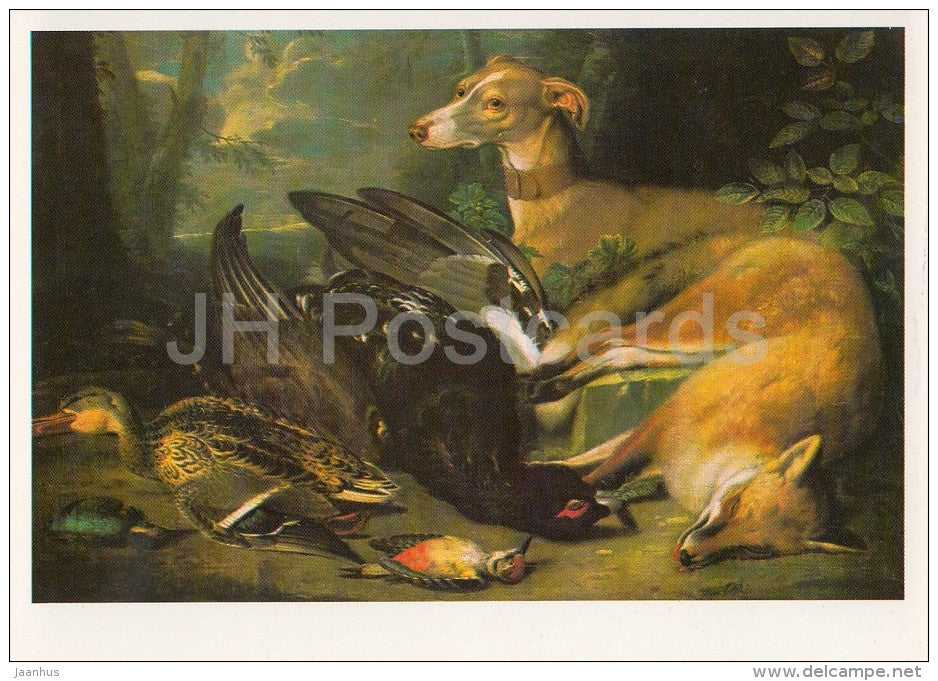 painting by Jacob Samuel Beck - A Dog , Hare , a Black Grouse and Duck , 1895 - art - Lithuania USSR - 1982 - unused - JH Postcards