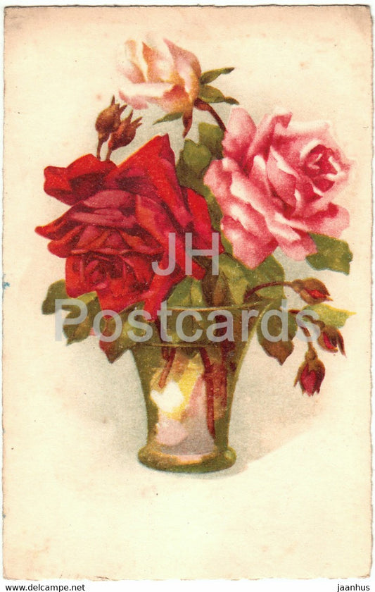 roses in a vase - flowers - 28 - illustration - old postcard - France - used - JH Postcards