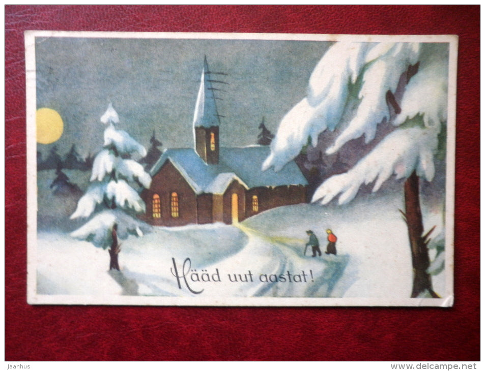 New Year Greeting Card - winter - church - circulated in 1930s , Tallinn - Estonia - used - JH Postcards