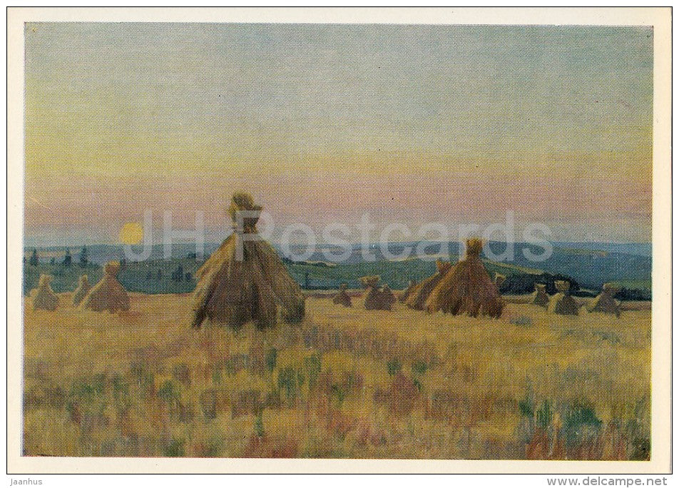 painting by A. Trofimov - August evening - haystack - Russian art - Russia USSR - 1976 - unused - JH Postcards