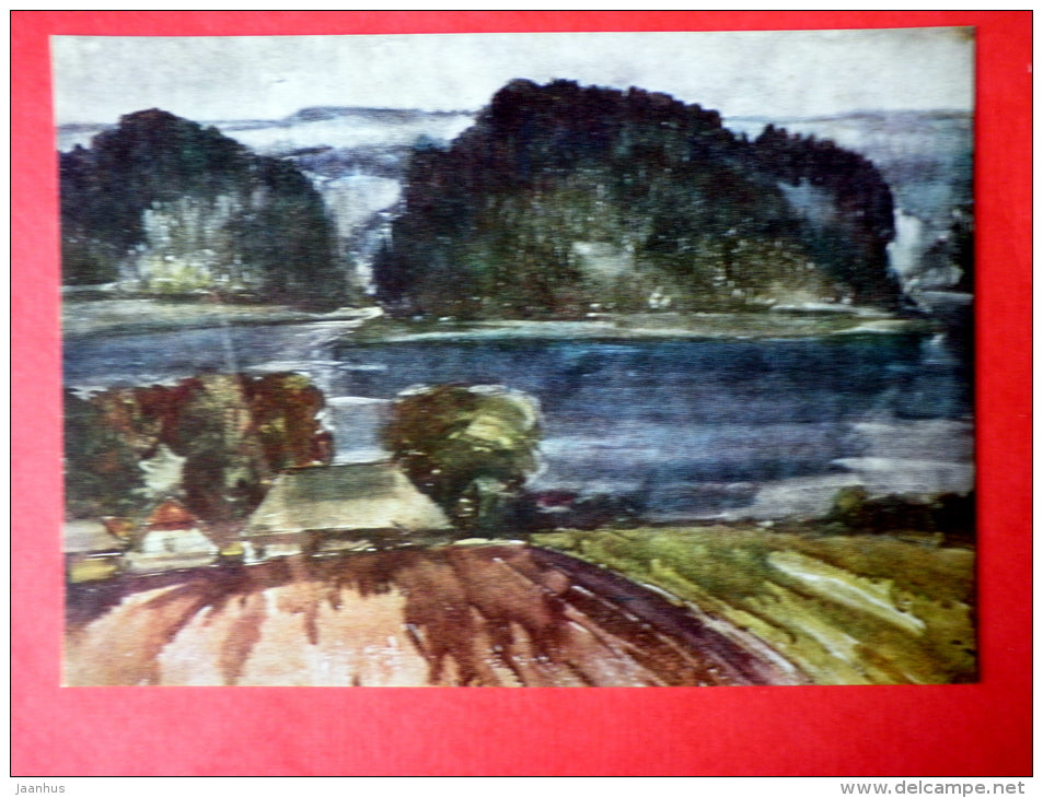 painting by E. Jurkelis - Vestiena . 1967 - houses - aquarelle - latvian art - unused - JH Postcards